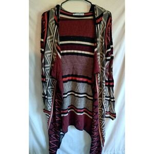 Maurices Sweater Women's Size Medium Maroon Open Cardigan Hooded Aztec Chevron